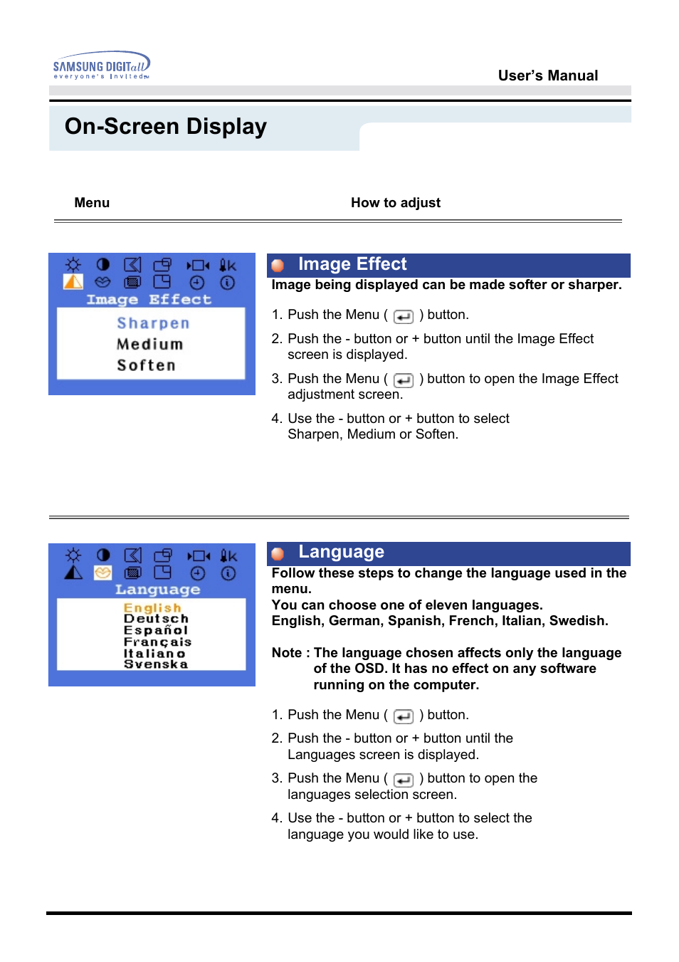 On-screen display, Image effect language | Samsung GH17VSSN User Manual | Page 42 / 70