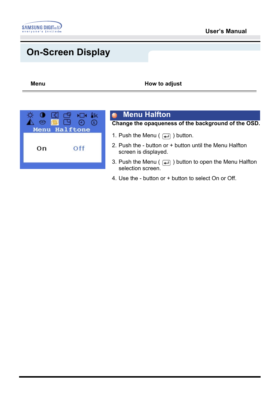 On-screen display, Menu halfton | Samsung GH17VSSN User Manual | Page 43 / 70