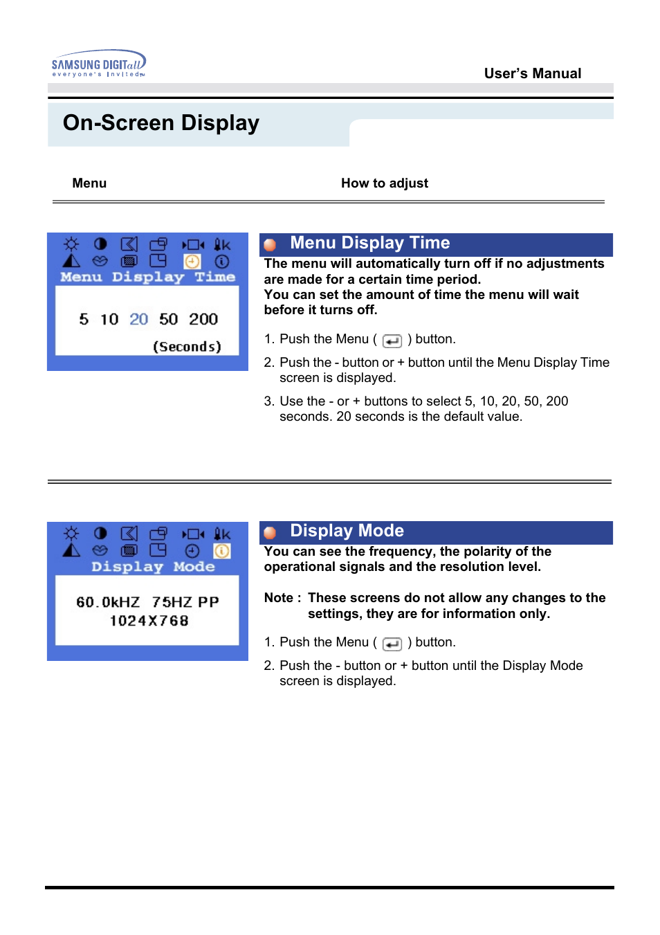 On-screen display, Menu display time display mode | Samsung GH17VSSN User Manual | Page 45 / 70