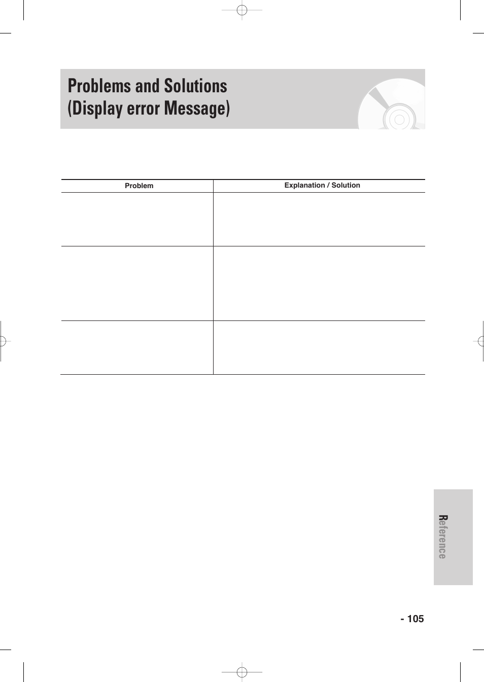 Problems and solutions (display error message), Reference, English - 105 | Samsung DVD-VR345-XAA User Manual | Page 105 / 109