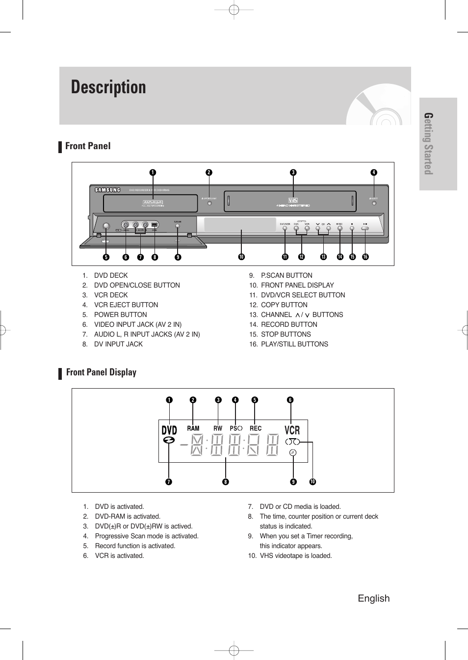 Description, Front panel, Front panel display | Getting started, English - 11 | Samsung DVD-VR345-XAA User Manual | Page 11 / 109