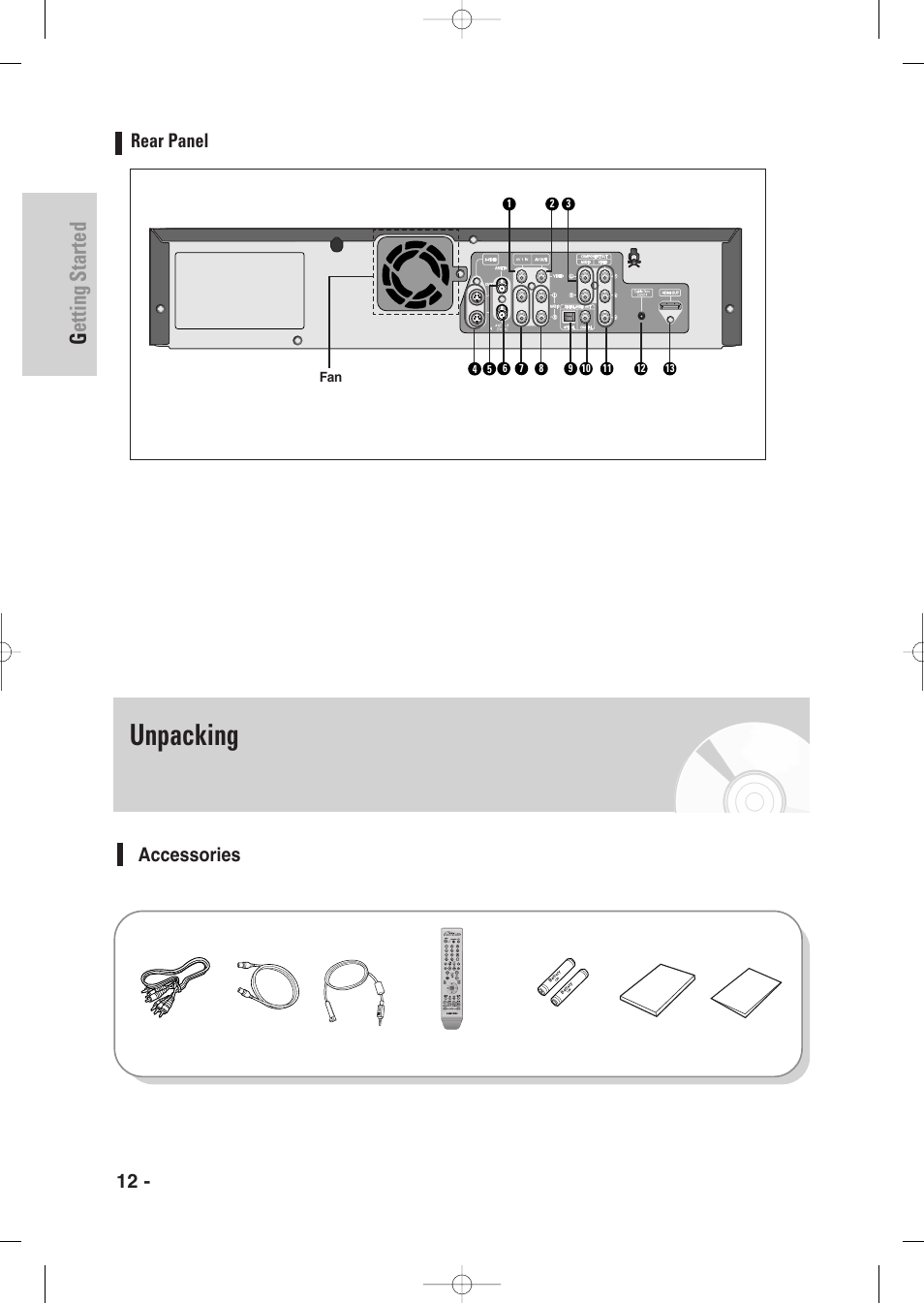 Rear panel, Unpacking, Accessories | Getting started, 12 - english | Samsung DVD-VR345-XAA User Manual | Page 12 / 109