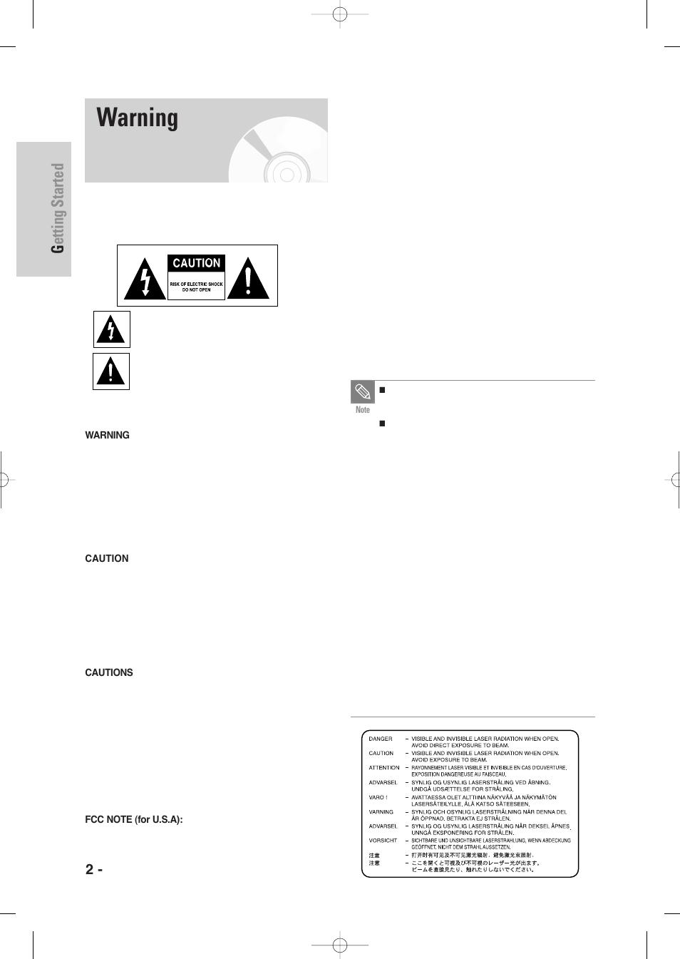 Getting started, Warning, 2 - english | Samsung DVD-VR345-XAA User Manual | Page 2 / 109