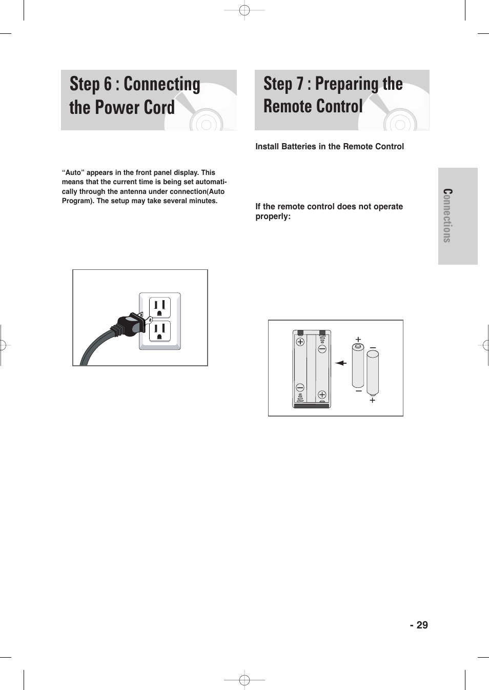 Step 6 : connecting the power cord, Step 7 : preparing the remote control, Connections | Samsung DVD-VR345-XAA User Manual | Page 29 / 109