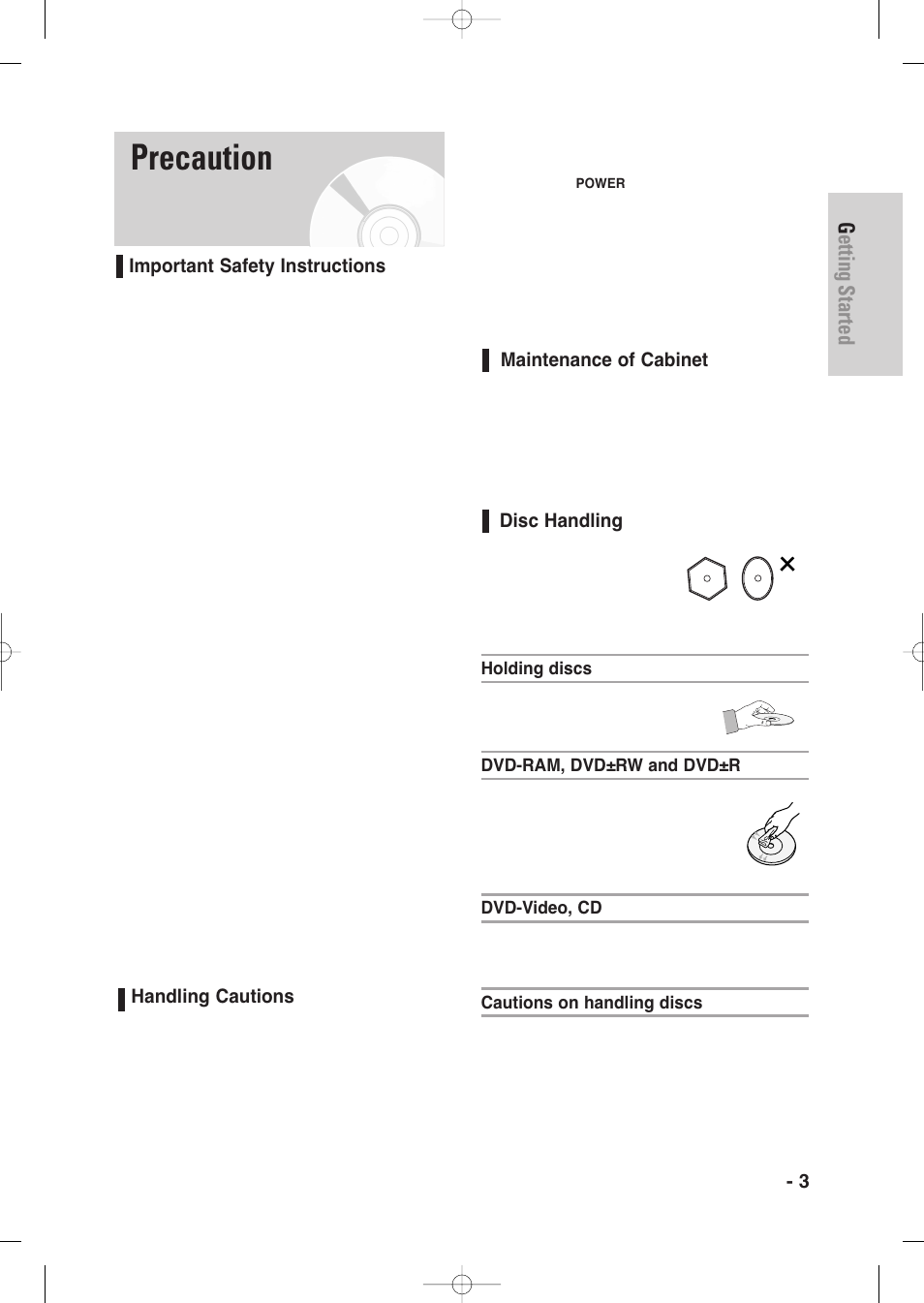 Precaution, Important safety instructions, Handling cautions | Maintenance of cabinet, Disc handling, Getting started, English - 3 | Samsung DVD-VR345-XAA User Manual | Page 3 / 109