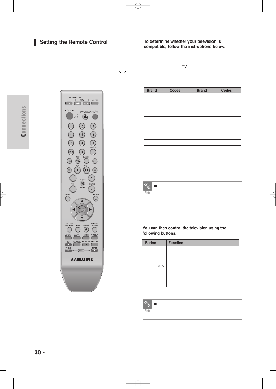 Setting the remote control, Connections, 30 - english | Samsung DVD-VR345-XAA User Manual | Page 30 / 109