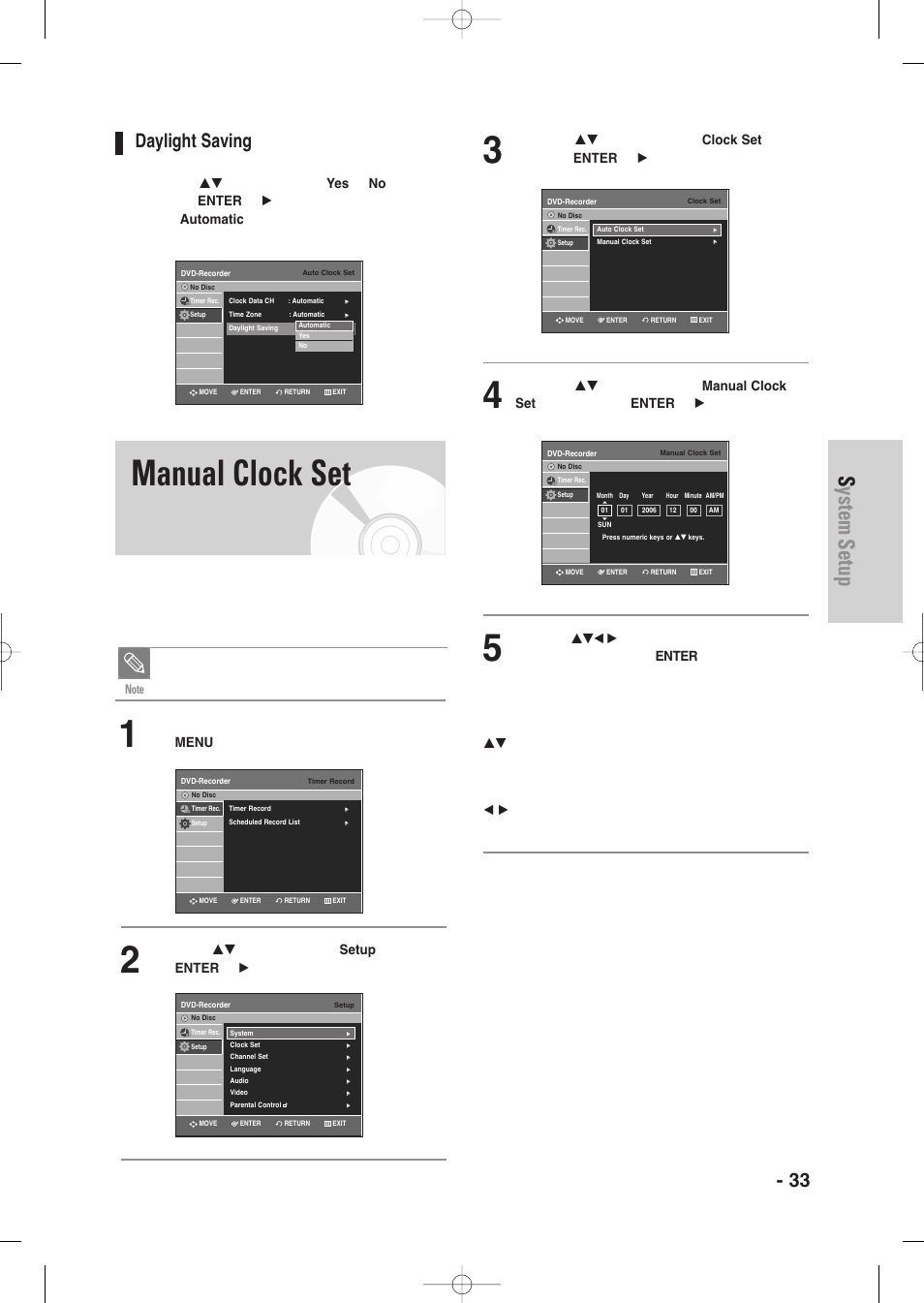 Manual clock set, System setup, English - 33 | Daylight saving | Samsung DVD-VR345-XAA User Manual | Page 33 / 109