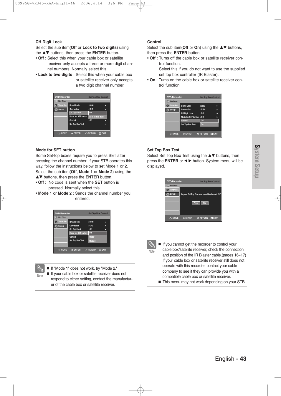 System setup, English - 43 | Samsung DVD-VR345-XAA User Manual | Page 43 / 109