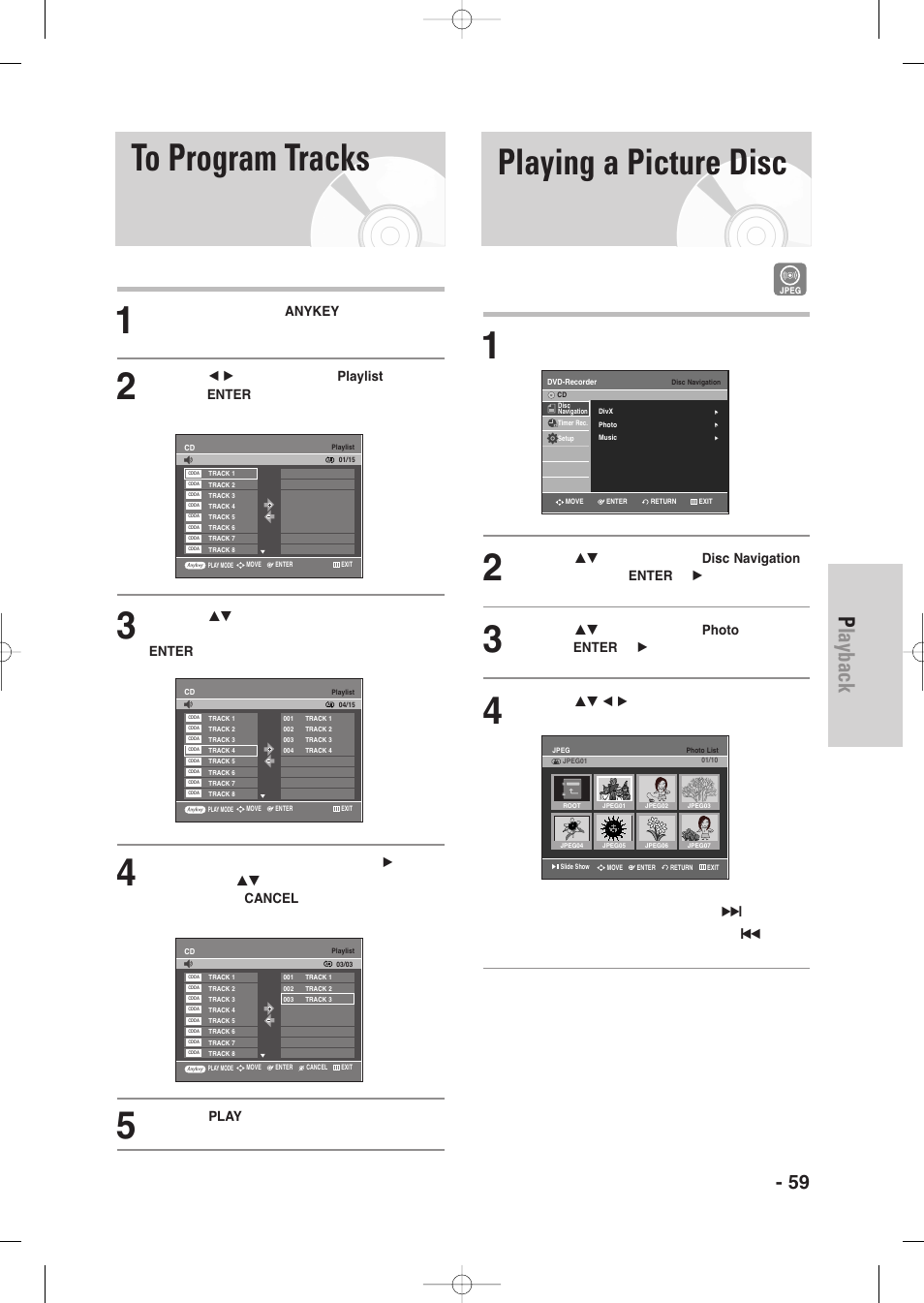 To program tracks, Playing a picture disc, Playback | English - 59 | Samsung DVD-VR345-XAA User Manual | Page 59 / 109