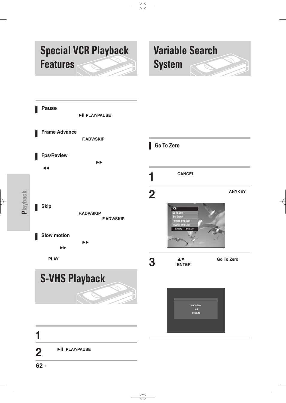 Special vcr playback features, S-vhs playback, Variable search system | Special vcr playback features s-vhs playback, Playback, 62 - english, Go to zero | Samsung DVD-VR345-XAA User Manual | Page 62 / 109