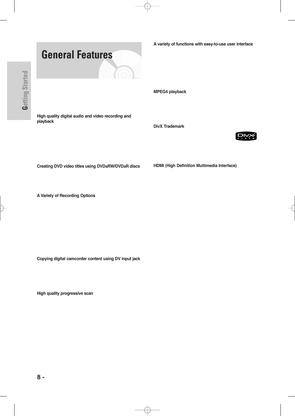 General features, Getting started, 8 - english | Samsung DVD-VR345-XAA User Manual | Page 8 / 109