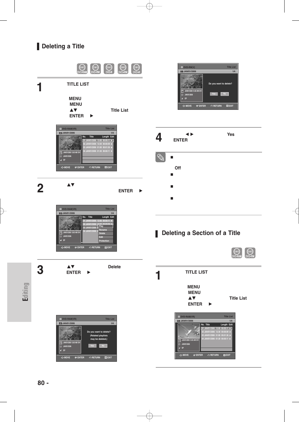 Deleting a itle, Deleting a section of a title, Editing | 80 - english, Deleting a title | Samsung DVD-VR345-XAA User Manual | Page 80 / 109