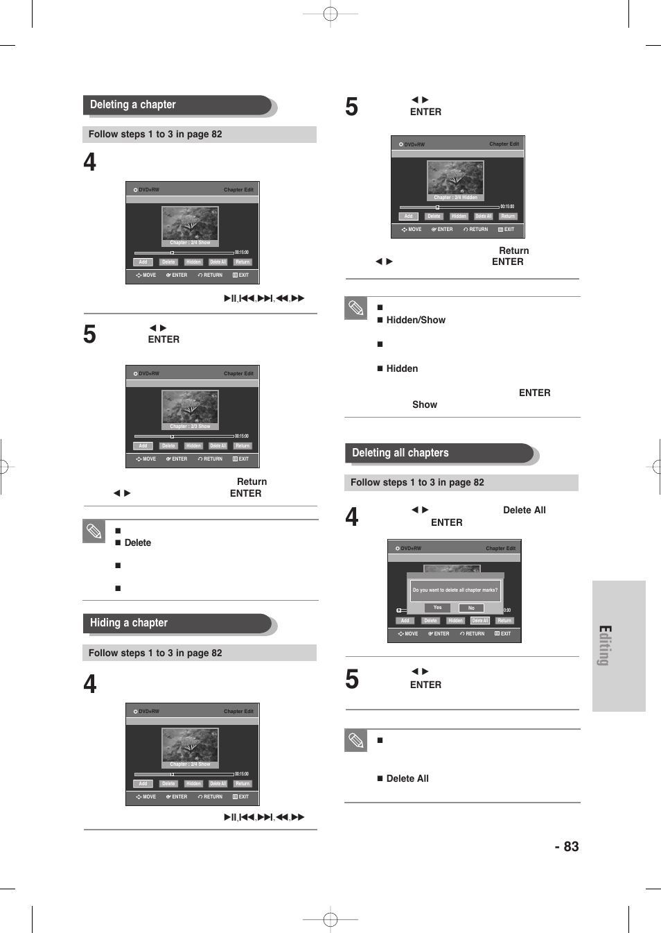 Editing, English - 83, Deleting all chapters | Deleting a chapter, Hiding a chapter | Samsung DVD-VR345-XAA User Manual | Page 83 / 109