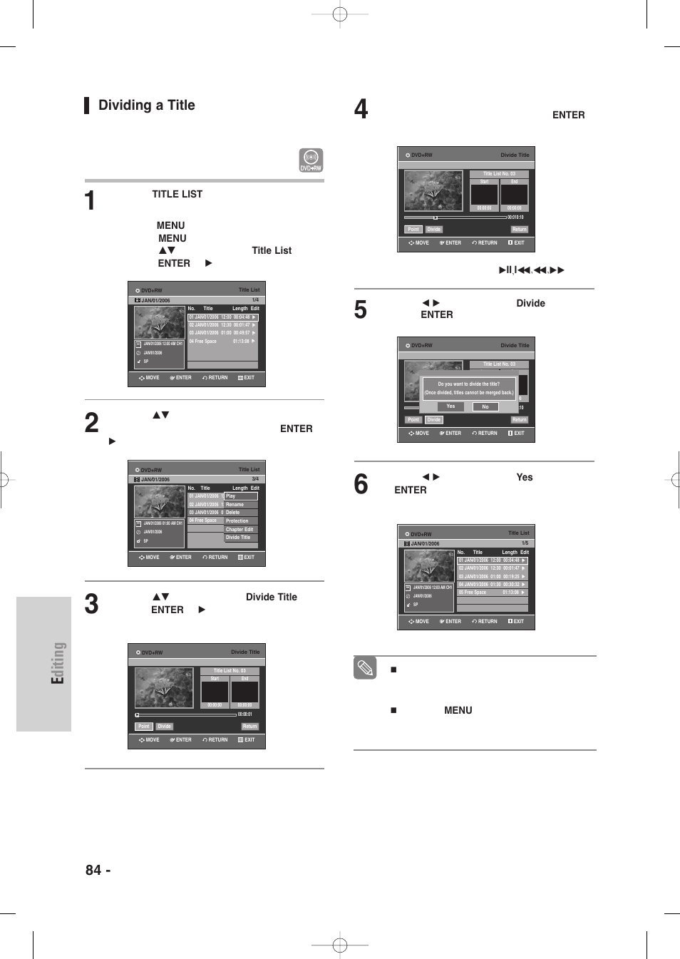 Dividing a itle, Editing, 84 - english | Dividing a title | Samsung DVD-VR345-XAA User Manual | Page 84 / 109