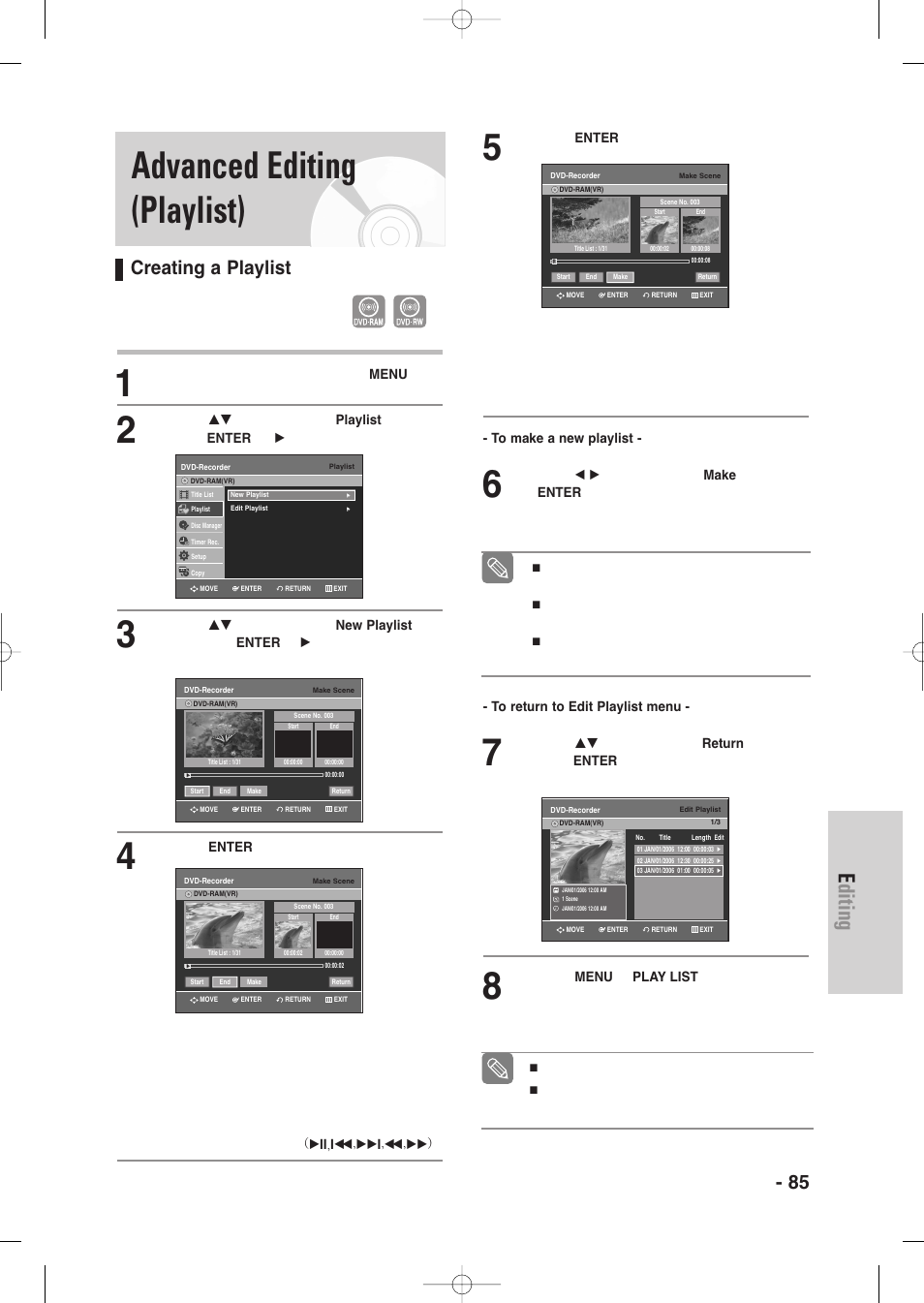 Advanced editing (playlist), Creating a playlist, Editing | English - 85 | Samsung DVD-VR345-XAA User Manual | Page 85 / 109