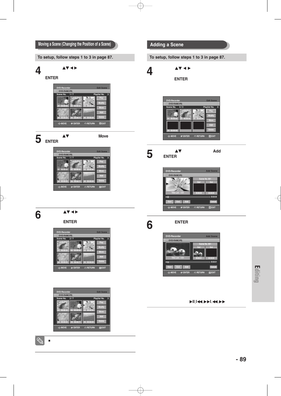 Editing, English - 89, Moving a scene (changing the position of a scene) | Adding a scene | Samsung DVD-VR345-XAA User Manual | Page 89 / 109