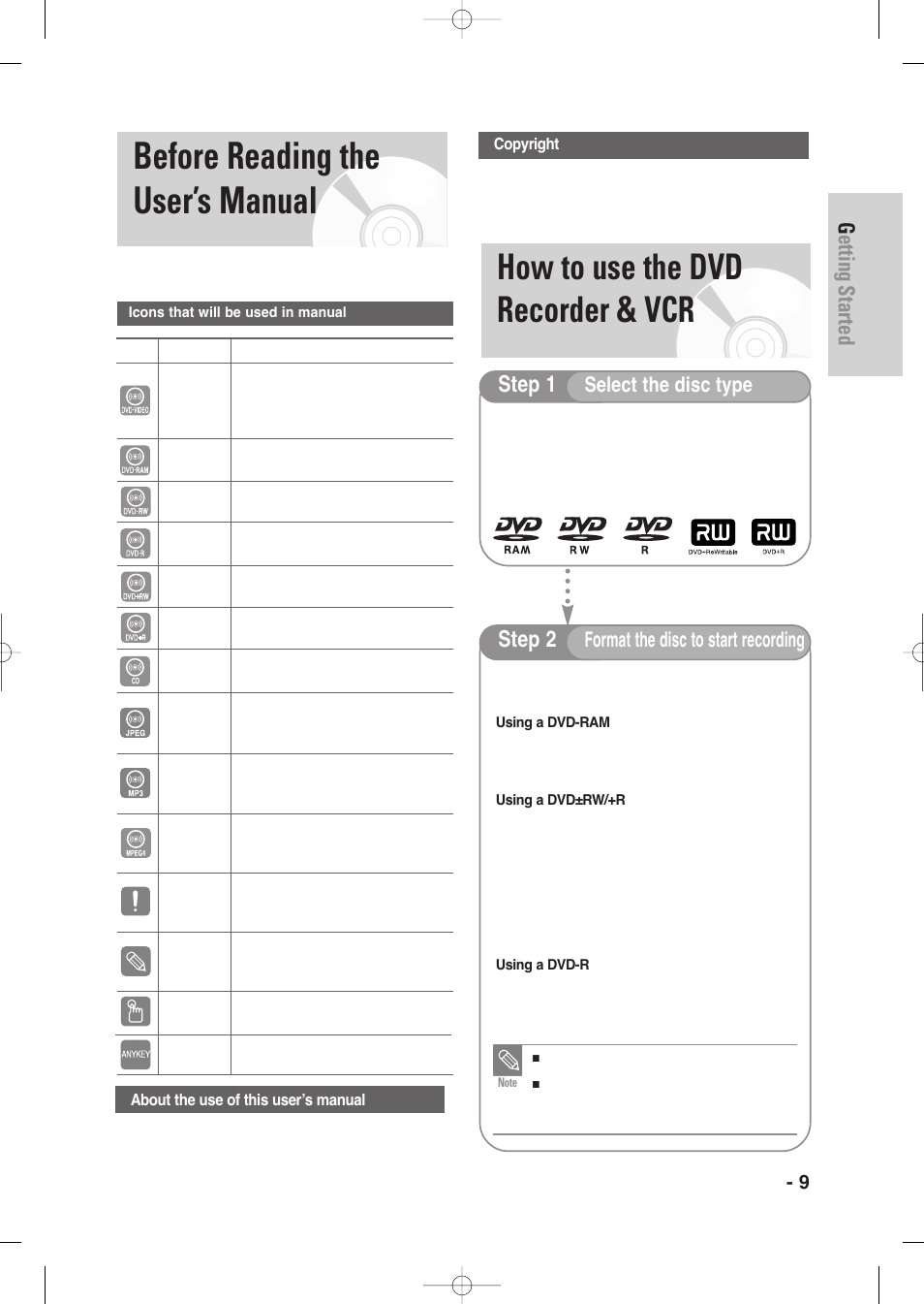 Before reading the user’s manual, How to use the dvd recorder & vcr, Getting started | Step 1, Step 2, Select the disc type, Format the disc to start recording, English - 9 | Samsung DVD-VR345-XAA User Manual | Page 9 / 109