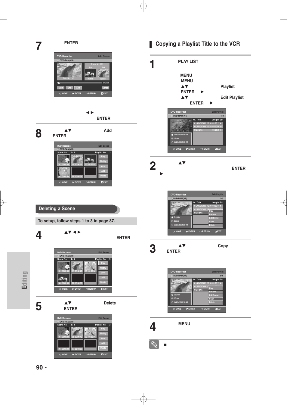 Copying a playlist title to the vcr, Editing, 90 - english | Deleting a scene | Samsung DVD-VR345-XAA User Manual | Page 90 / 109