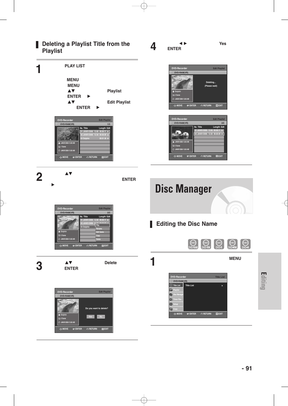 Deleting a playlist title from the playlist, Disc manager, Editing the disc name | Editing, English - 91 | Samsung DVD-VR345-XAA User Manual | Page 91 / 109