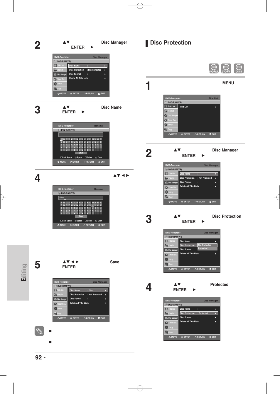 Disc protection, Editing, 92 - english | With the unit in stop mode, press the menu button | Samsung DVD-VR345-XAA User Manual | Page 92 / 109