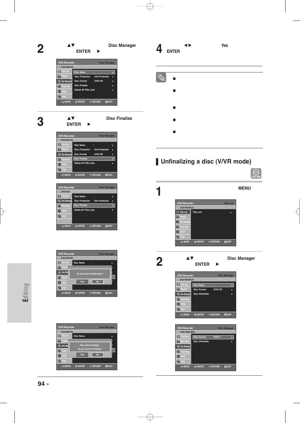 Unfinalizing a disc (v/vr mode), Editing, 94 - english | With the unit in stop mode, press the menu button | Samsung DVD-VR345-XAA User Manual | Page 94 / 109