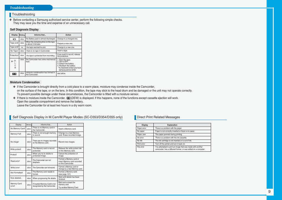 Troubleshooting, Direct print related messages | Samsung SC-D353-XAC User Manual | Page 9 / 9