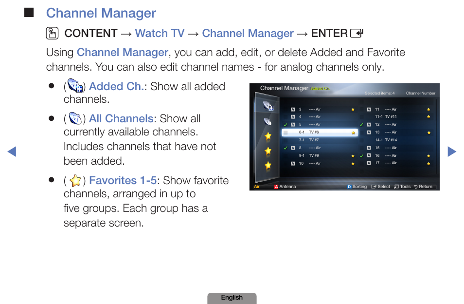 Channel manager o, Added ch. : show all added channels | Samsung LN19D450G1DXZA User Manual | Page 10 / 200