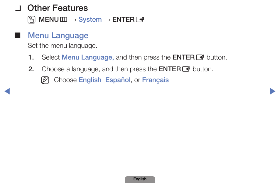 Other features, Menu language | Samsung LN19D450G1DXZA User Manual | Page 107 / 200