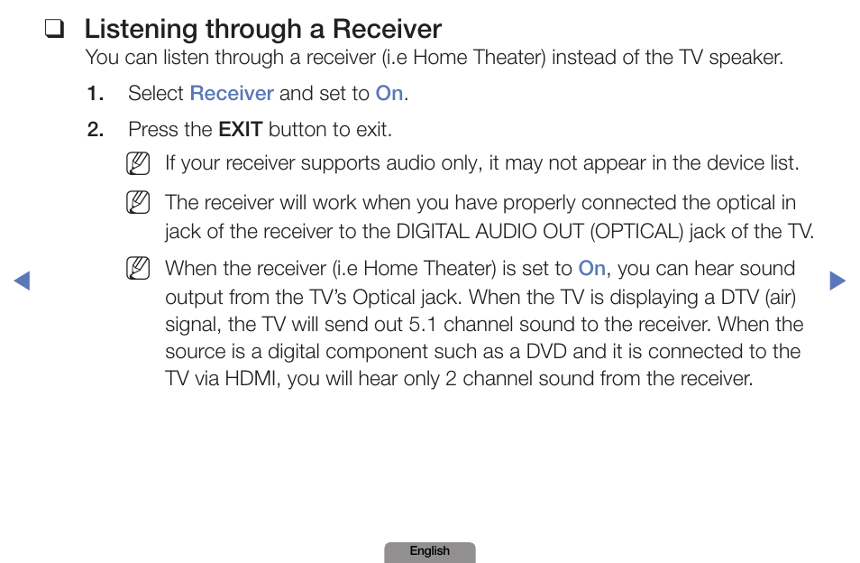 Listening through a receiver | Samsung LN19D450G1DXZA User Manual | Page 167 / 200