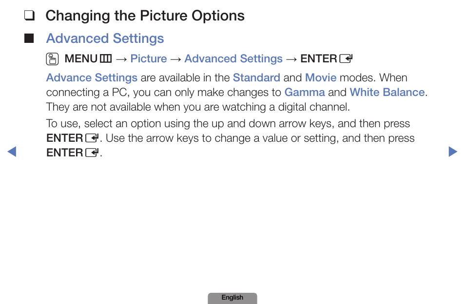 Changing the picture options, Advanced settings o | Samsung LN19D450G1DXZA User Manual | Page 35 / 200