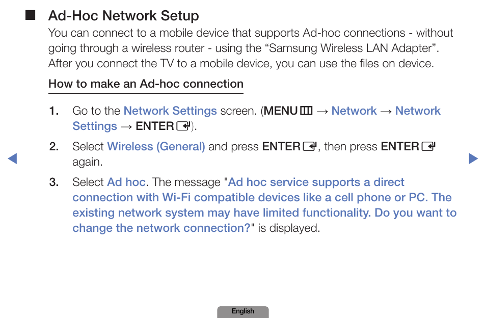 Ad-hoc network setup | Samsung LN19D450G1DXZA User Manual | Page 80 / 200