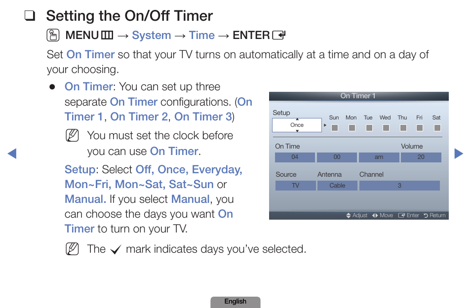 Setting the on/off timer, The c mark indicates days you’ve selected | Samsung LN19D450G1DXZA User Manual | Page 86 / 200