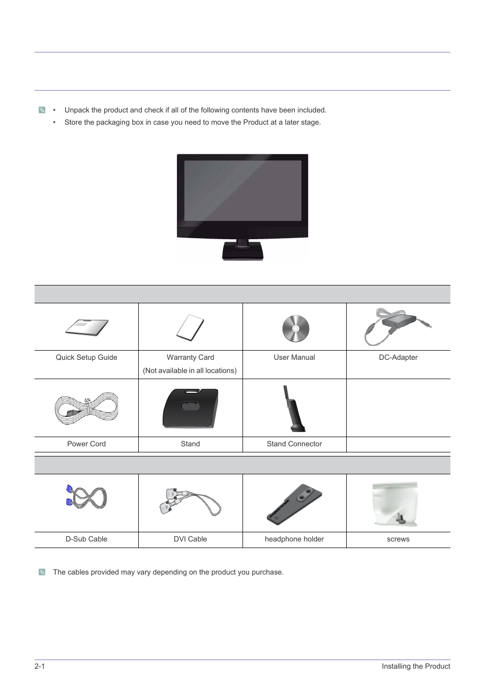 2 installing the product, 1 package contents, Installing the product | Package contents -1, 2installing the product | Samsung LS24B240KL-ZA User Manual | Page 12 / 38