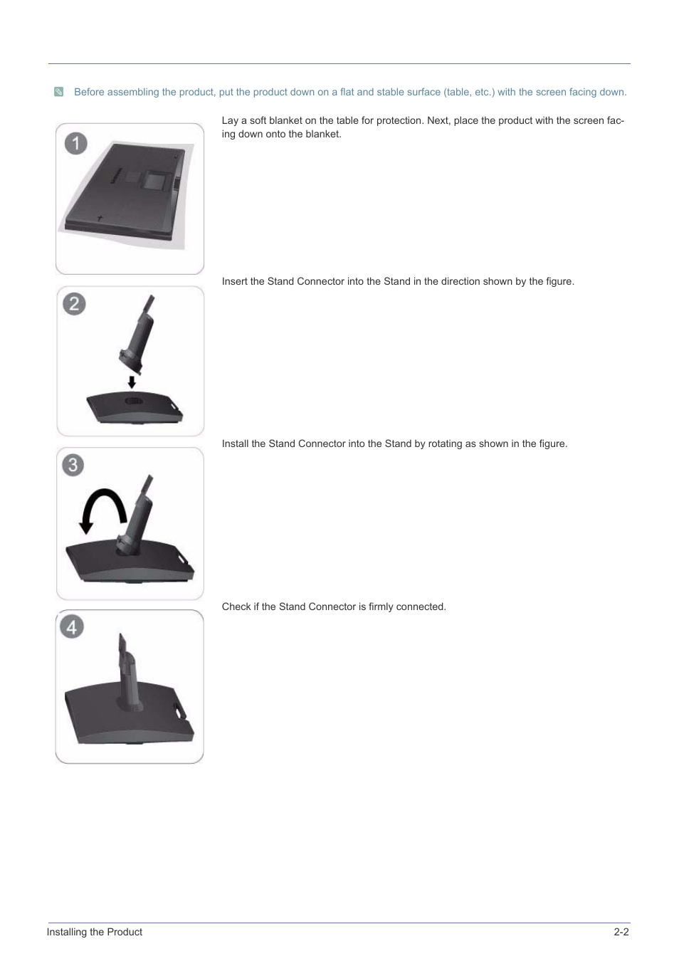 2 installing the stand, Installing the stand -2 | Samsung LS24B240KL-ZA User Manual | Page 13 / 38