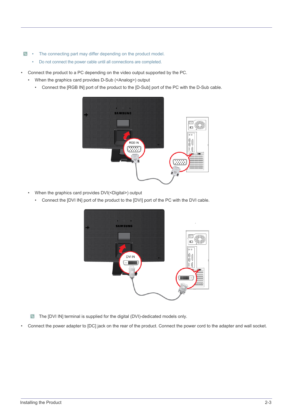 3 connecting the monitor, Connecting the monitor -3, Connecting with a pc | Samsung LS24B240KL-ZA User Manual | Page 15 / 38