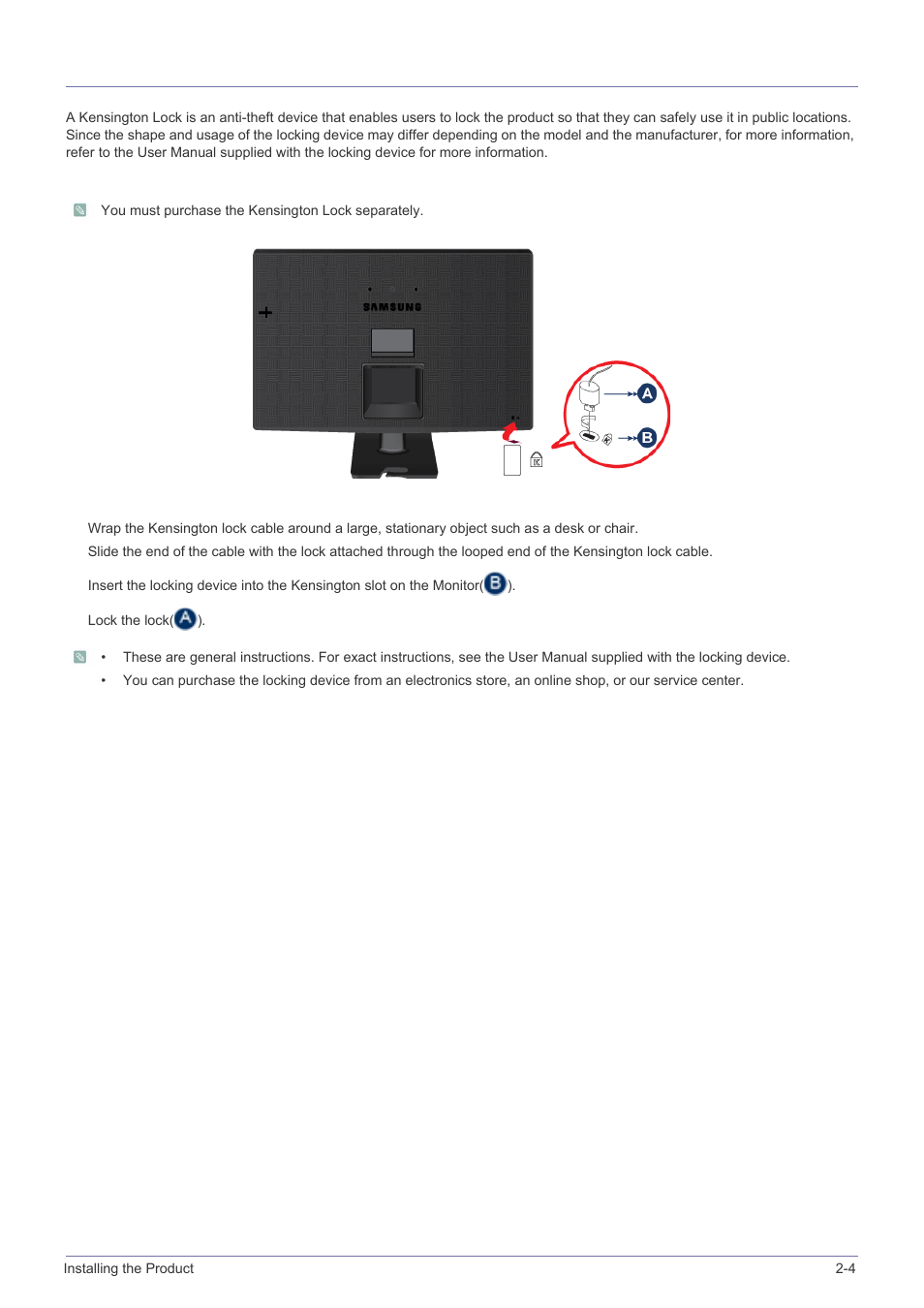 4 kensington lock, Kensington lock -4 | Samsung LS24B240KL-ZA User Manual | Page 17 / 38