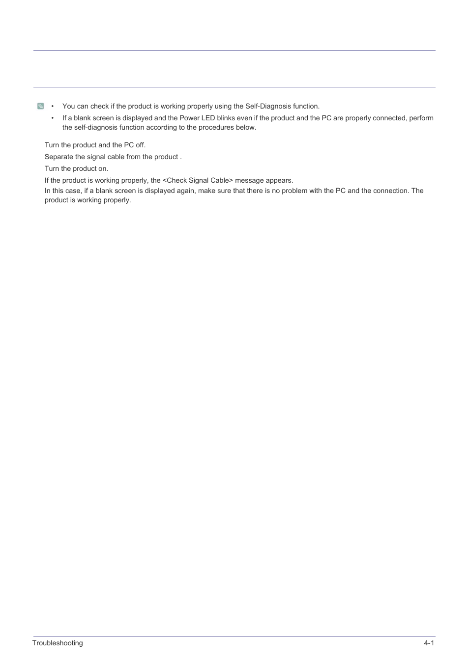 4 troubleshooting, 1 monitor self-diagnosis, Troubleshooting | Monitor self-diagnosis -1, 4troubleshooting | Samsung LS24B240KL-ZA User Manual | Page 25 / 38