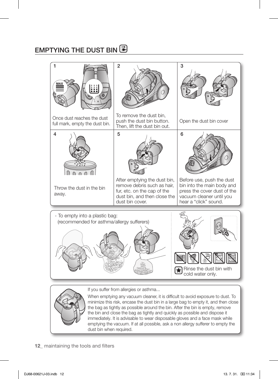 Emptying the dust bin | Samsung VCC96P0H1G-XAA User Manual | Page 12 / 56