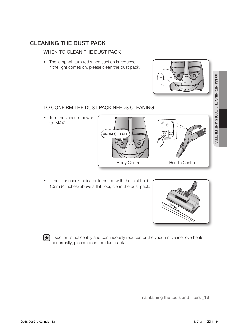 Cleaning the dust pack | Samsung VCC96P0H1G-XAA User Manual | Page 13 / 56