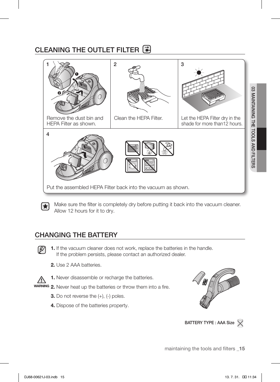 Cleaning the outlet filter, Changing the battery | Samsung VCC96P0H1G-XAA User Manual | Page 15 / 56