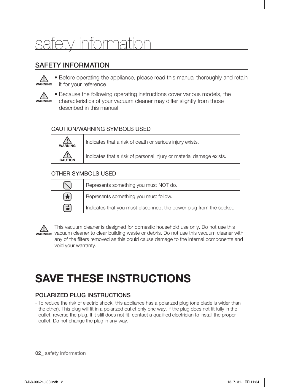 Safety information, Save these instructions | Samsung VCC96P0H1G-XAA User Manual | Page 2 / 56