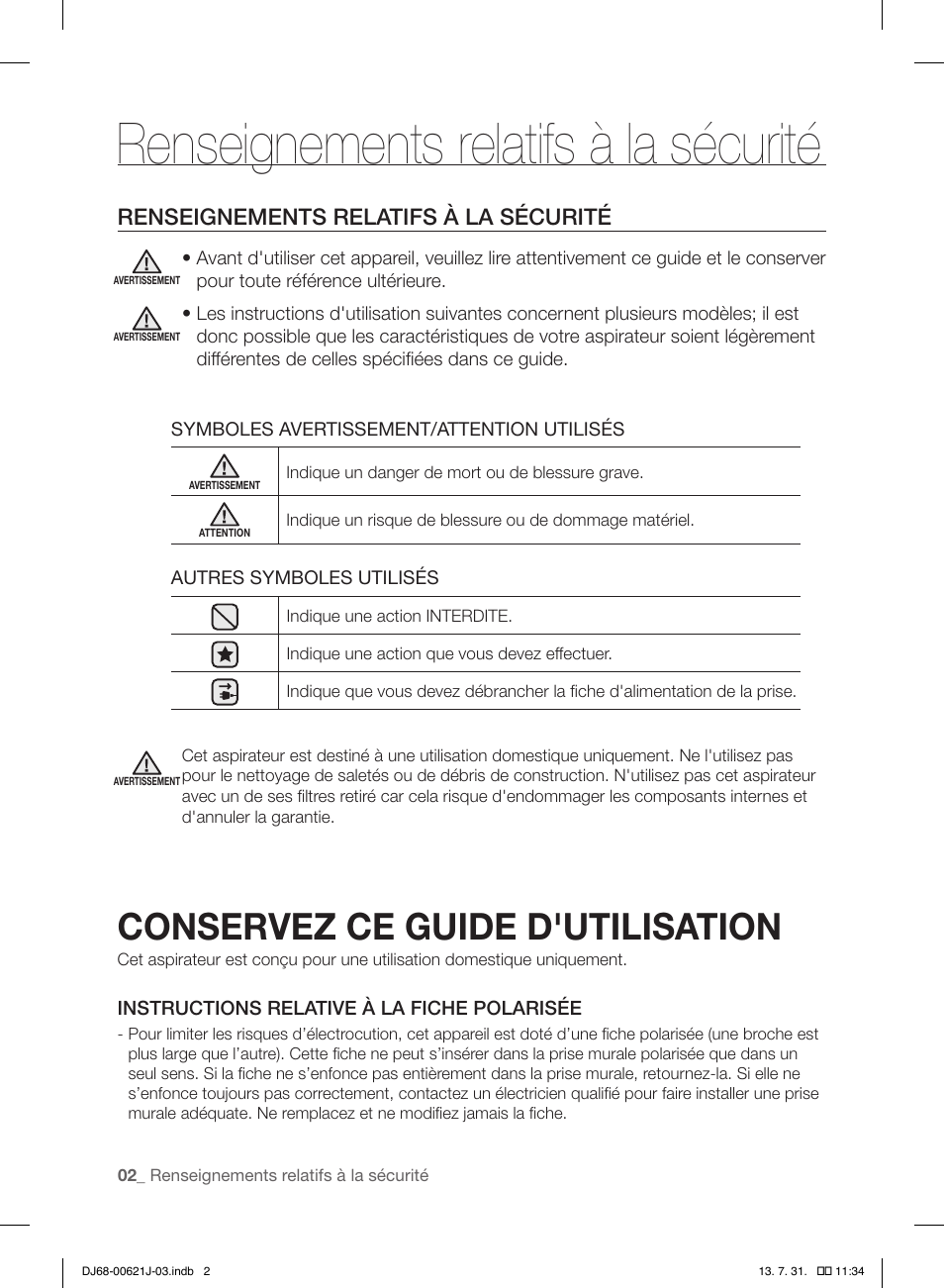 Renseignements relatifs à la sécurité, Conservez ce guide d'utilisation | Samsung VCC96P0H1G-XAA User Manual | Page 20 / 56