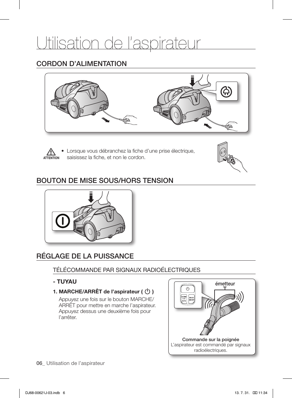 Utilisation de l’aspirateur, Réglage de la puissance | Samsung VCC96P0H1G-XAA User Manual | Page 24 / 56