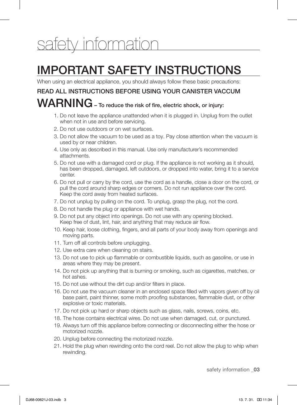 Safety information, Important safety instructions, Warning | Samsung VCC96P0H1G-XAA User Manual | Page 3 / 56