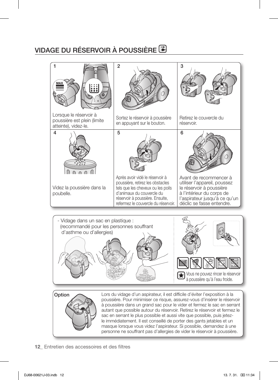 Vidage du réservoir à poussière | Samsung VCC96P0H1G-XAA User Manual | Page 30 / 56