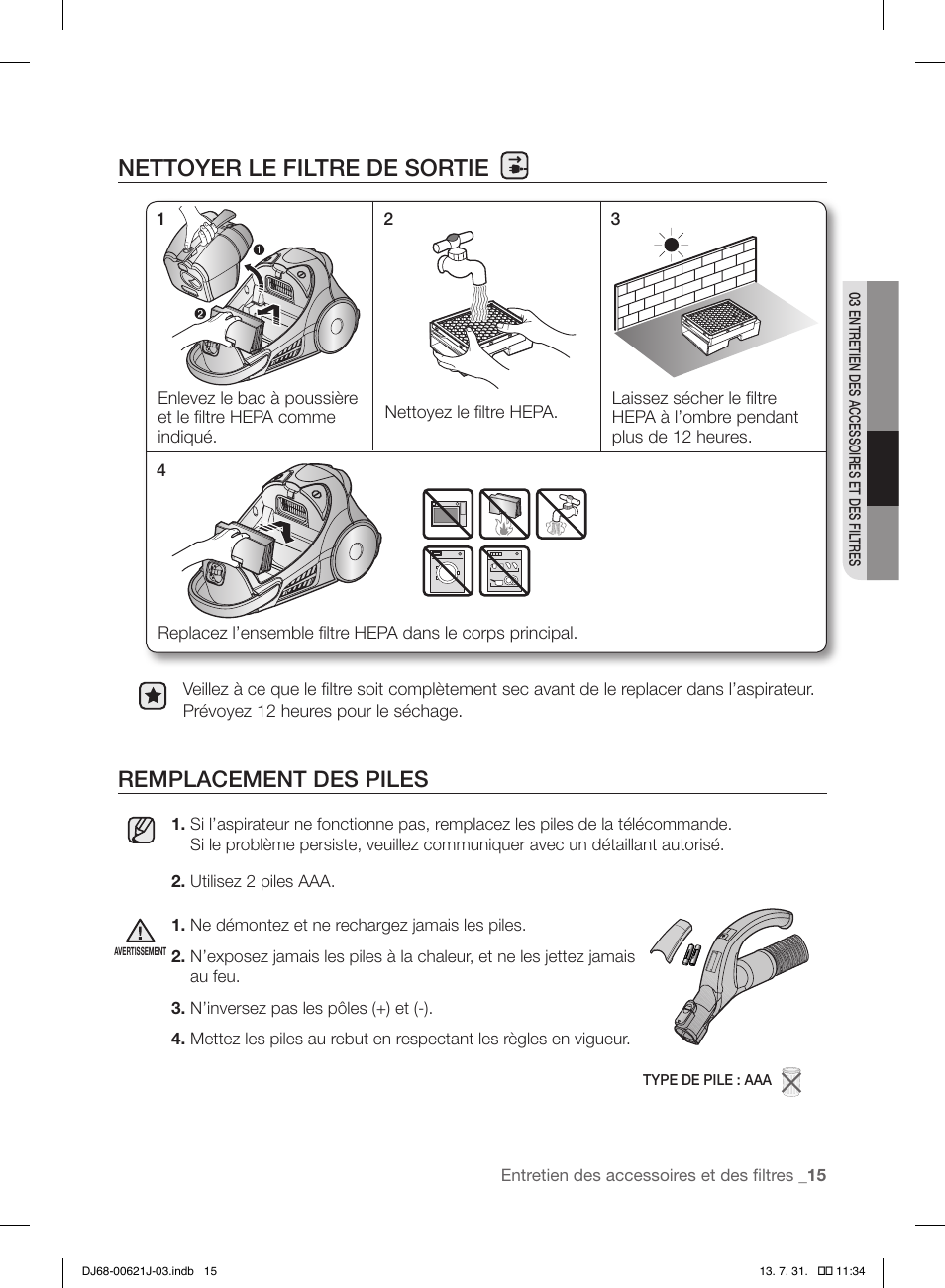 Nettoyer le filtre de sortie, Remplacement des piles | Samsung VCC96P0H1G-XAA User Manual | Page 33 / 56