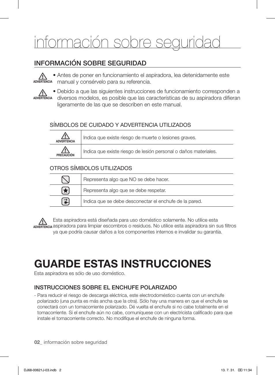 Información sobre seguridad, Guarde estas instrucciones | Samsung VCC96P0H1G-XAA User Manual | Page 38 / 56