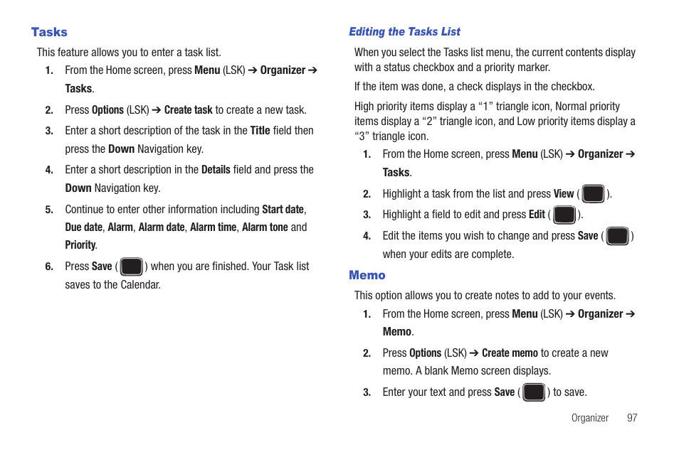 Tasks, Memo, Tasks memo | Samsung SGH-T379UABTMB User Manual | Page 103 / 174