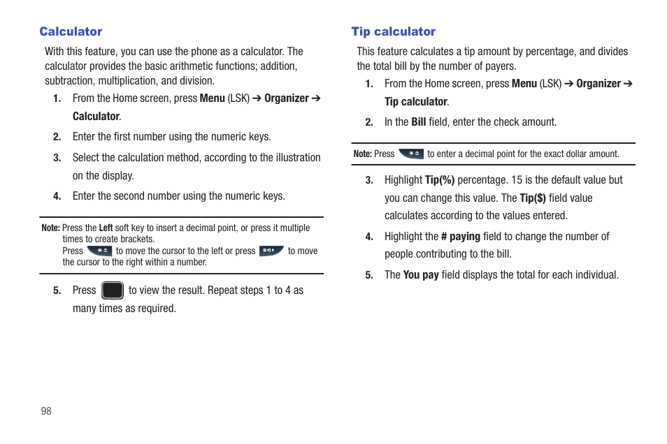 Calculator, Tip calculator, Calculator tip calculator | Samsung SGH-T379UABTMB User Manual | Page 104 / 174