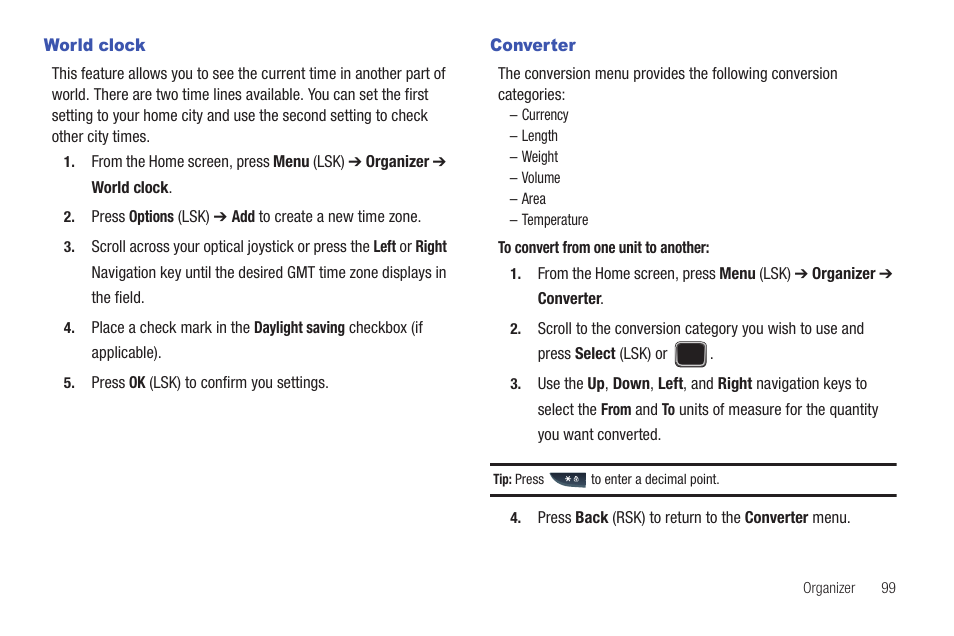 World clock, Converter, World clock converter | Samsung SGH-T379UABTMB User Manual | Page 105 / 174